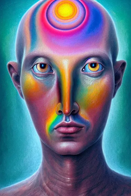 Image similar to hyperrealistic close-up Renaissance psychedelic!! celestial happy! pure kind! creature!!! peaceful! kind spirit of nature! beautiful eyes! highly detailed concept art eric zener elson peter cinematic hard rainbow lighting high angle hd 8k sharp shallow depth of field, inspired by Zdzisław Beksiński Salvador Dali