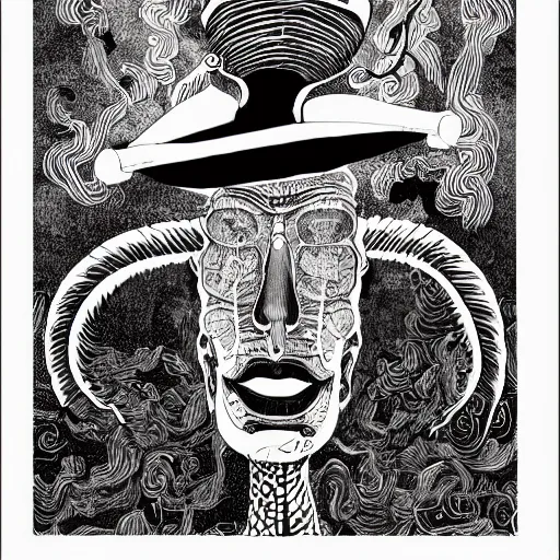 Image similar to b & w illustration of quetzalcoatl, resolved, showing conviction or bad humor by a gloomy silence or reserve, by studio multi and victo ngai, malika favre, punk fanzine copy, william s burroughs, cut up film