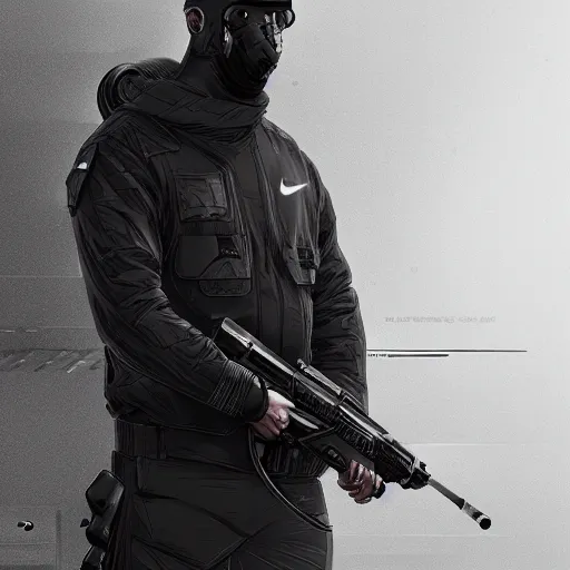 Prompt: A broad shouldered, muscular man in a Acronym Riot Division Nike techwear outfit, Acronym P31-ds pants, trending on r/techwearclothing, high quality, digital art, cyberpunk city, Summer, greg rutkowski