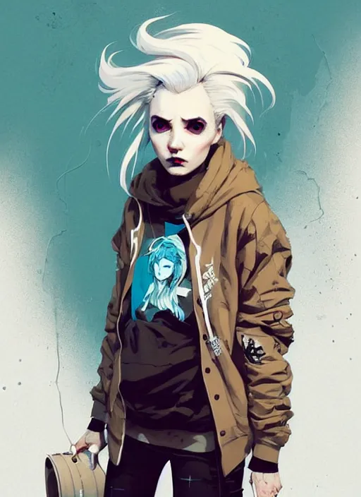 Image similar to highly detailed portrait of a sewer punk swedish lady, tartan hoody, white hair by atey ghailan, by greg rutkowski, by greg tocchini, by james gilleard, by joe fenton, by kaethe butcher, gradient light blue, brown, blonde cream and white color scheme, grunge aesthetic!!! ( ( graffiti tag wall background ) )