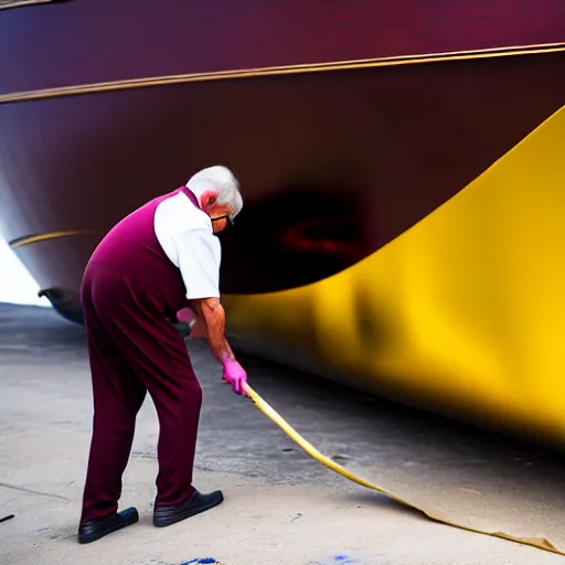 Image similar to wrinkled hunchbacked old man in musty burgundy suit, polishing painting the side of a huge gold plated mega yacht with a cloth, maintenance photo