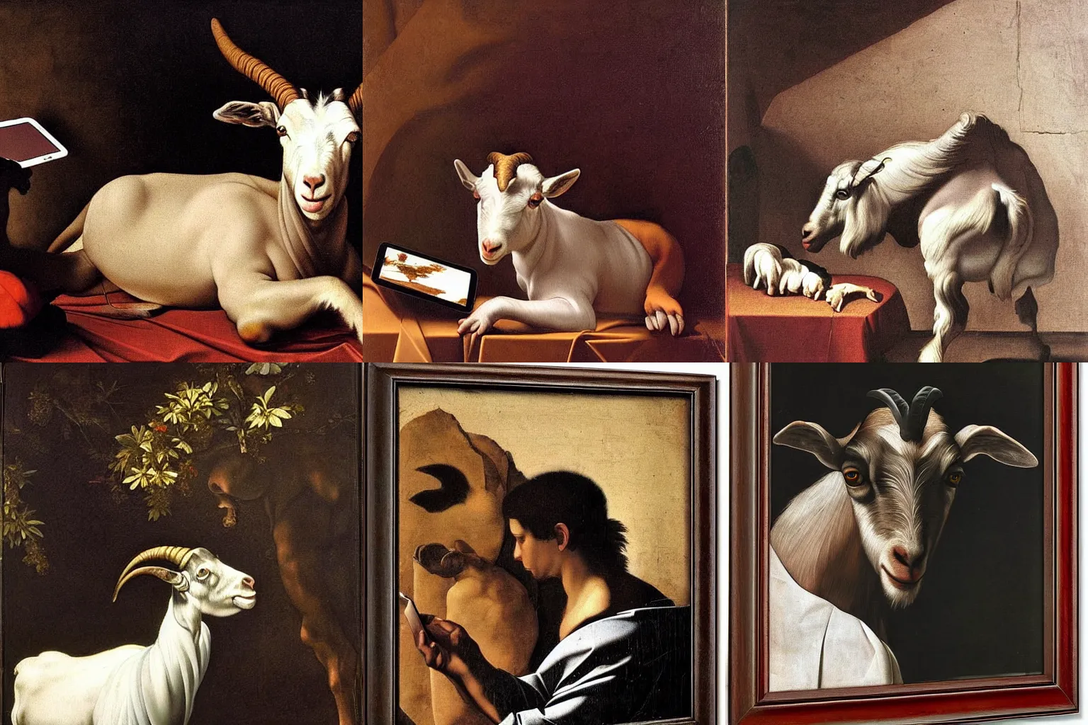 Prompt: A extremely highly detailed majestic hi-res beautiful, highly detailed painting of a goat taking a picture with an Ipad by Michelangelo Merisi da Caravaggio,