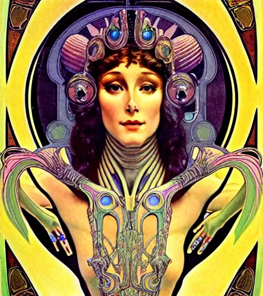 Prompt: detailed realistic beautiful young cher alien robot as queen of andromeda galaxy portrait, art nouveau, symbolist, visionary, baroque, giant fractal details. horizontal symmetry by alphonse mucha. highly detailed, hyper - real, beautiful