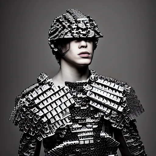 Image similar to a portrait of a beautiful young male wearing an alexander mcqueen armor made of legos , photographed by andrew thomas huang, artistic