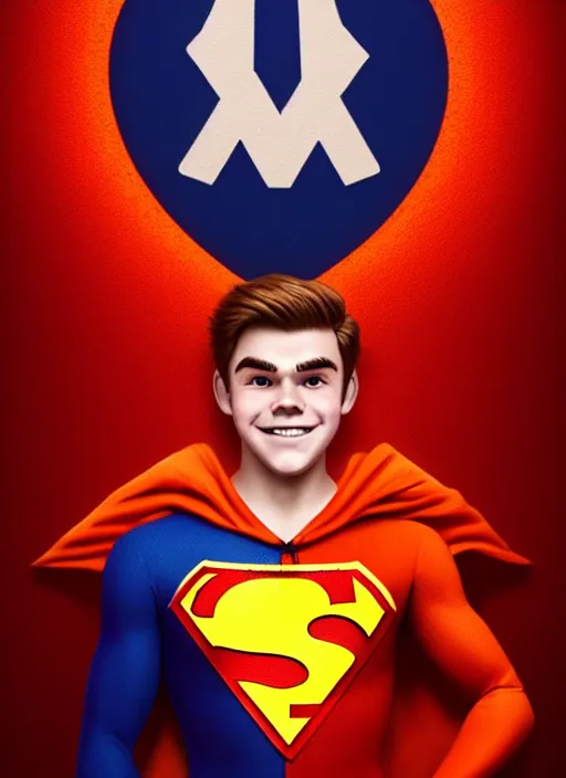 Image similar to friendly teenage archie andrews wearing an orange superhero costume with heart logo, freckles, superhero costume, heart emblem on chest, cape, intricate, elegant, glowing lights, highly detailed, digital painting, artstation, sharp focus, illustration, art by wlop, mars ravelo and greg rutkowski