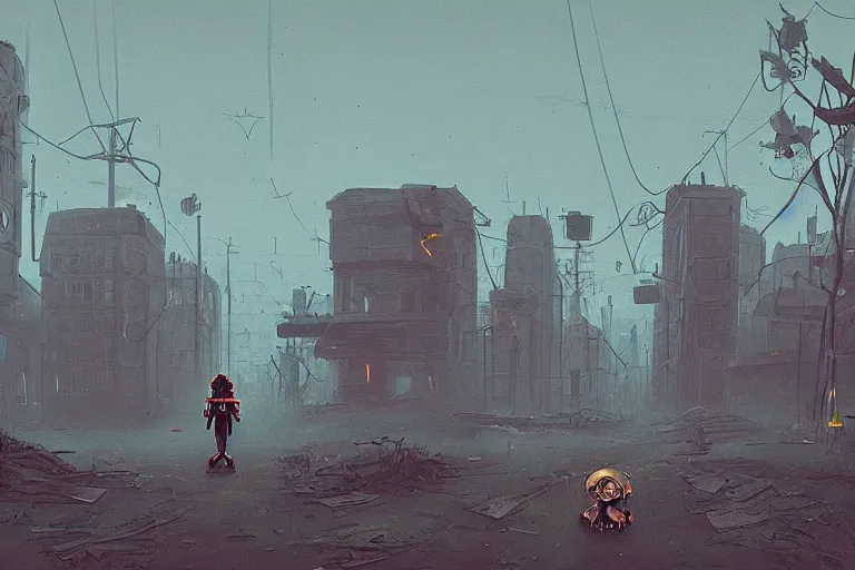 Image similar to a creepy cultist standing in a dystopian city by simon stalenhag,