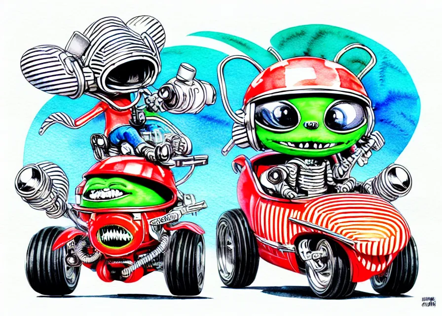 Image similar to cute and funny, ( stripe gremlin ) wearing a helmet riding in a hot rod with oversized engine, ratfink style by ed roth, centered award winning watercolor pen illustration, isometric illustration by chihiro iwasaki, edited by range murata, tiny details by artgerm and watercolor girl, symmetrically isometrically centered