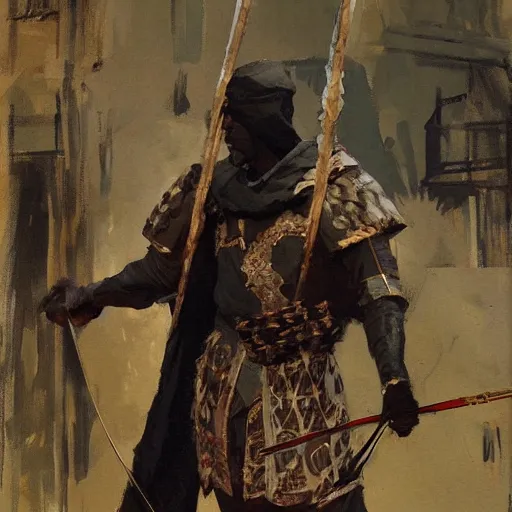 Prompt: portrait of black man wearing medieval clothes aiming a bow, detailed by greg manchess, craig mullins, bernie fuchs, walter everett