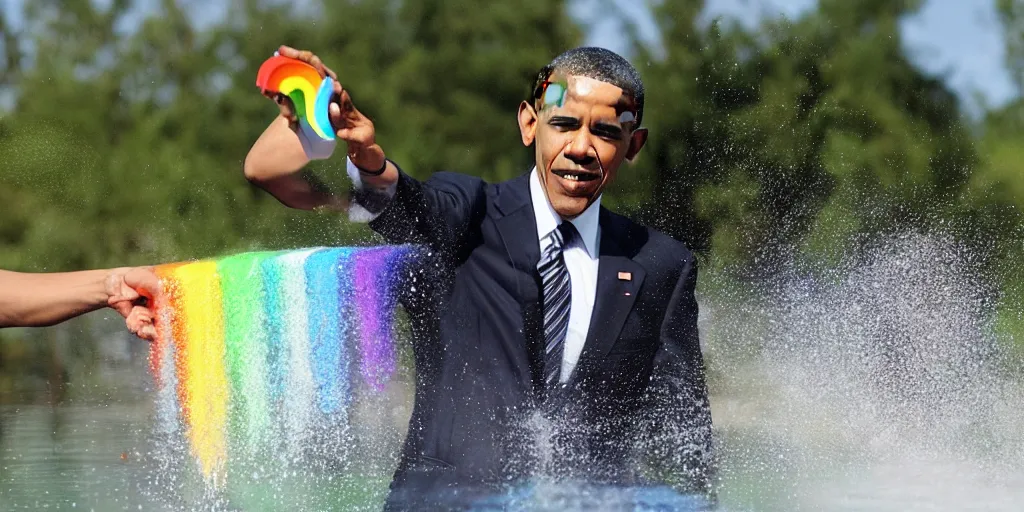 Prompt: President Obama pouring rainbows into the drinking water supply