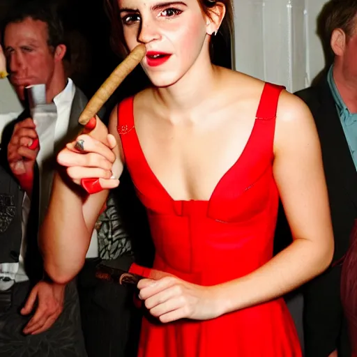 Image similar to Emma Watson wearing a red party dress and holding a cigar in one hand, high quality photograph in a night club