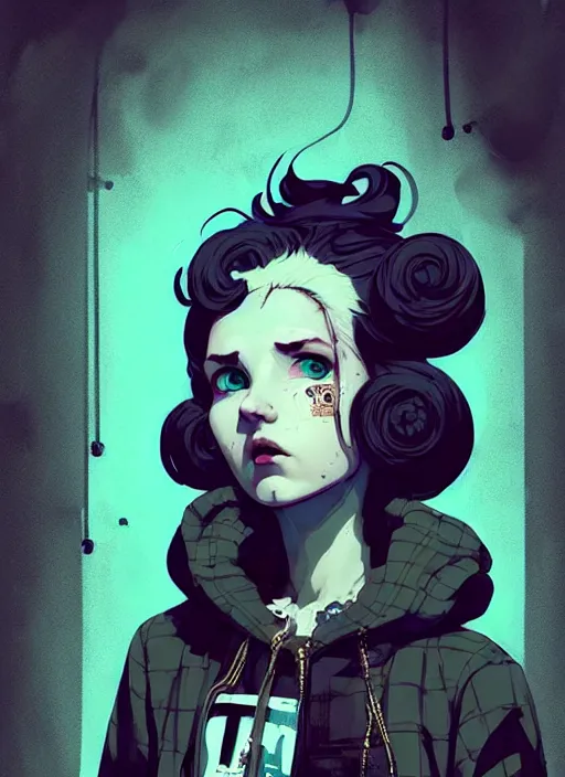 Image similar to highly detailed portrait of a sewer punk lady, tartan hoody, ringlet hair by atey ghailan, by greg rutkowski, by greg tocchini, by james gilleard, by joe fenton, by kaethe butcher, gradient light blue, black, cream and white color scheme, grunge aesthetic!!! ( ( graffiti tag wall background ) )