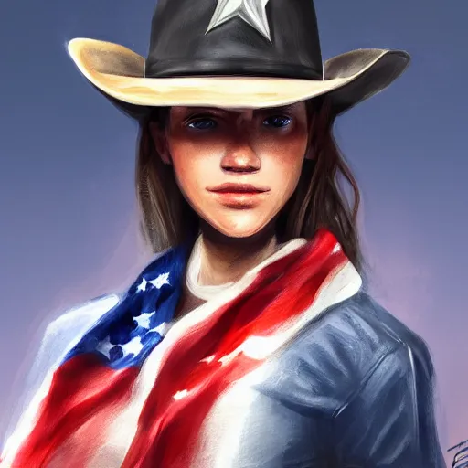 Image similar to a portrait of a teenager with a cowboy hat on with an American flag scarf, D&D, sci-fi, elegant, hopeful, muscular, highly detailed, digital painting, artstation, concept art, smooth, sharp focus, illustration