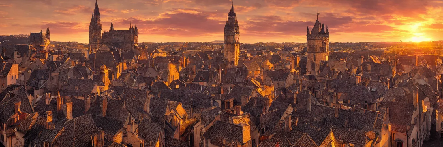 Image similar to beautiful medieval city, golden hour, sunset, elden ring, cinematic