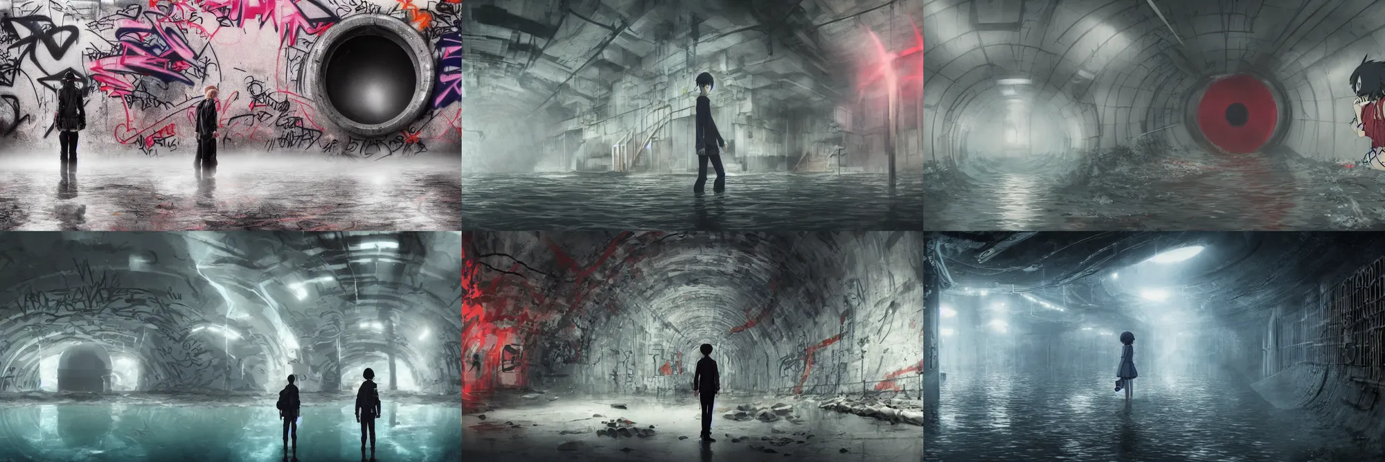 Prompt: anime movie screenshot, person standing in edge of large round sewer pipe in underground london sewer, graffiti on walls, submerged dramatic, misty, cinematic lighting, ghibli, sharp focus, by koji morimoto, by tatsuyki tanaka, 4 k