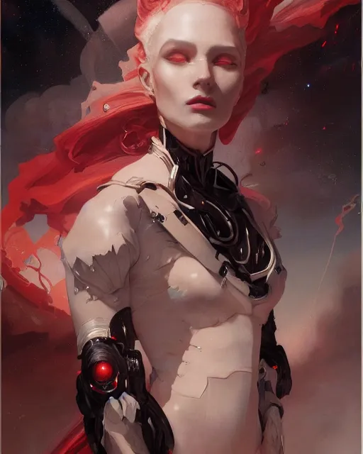 Image similar to masterpiece concept art, a beautiful highly detailed sci - fi renaissance lady, confident pose, by peter mohrbacher and jae lee, 8 k, intricate detail, cinematic lighting, red white and black colors