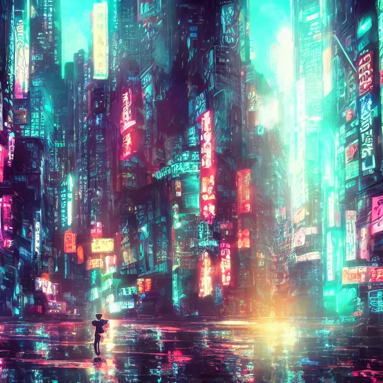 Image similar to a lofi anime protagonist crying a river, new york, deep rich colors, 8 k, award winning, blur, cinematic, neon, cyberwave, cynthwave, hayao miyazaki, makoto shinkai and ilya kuvahinov