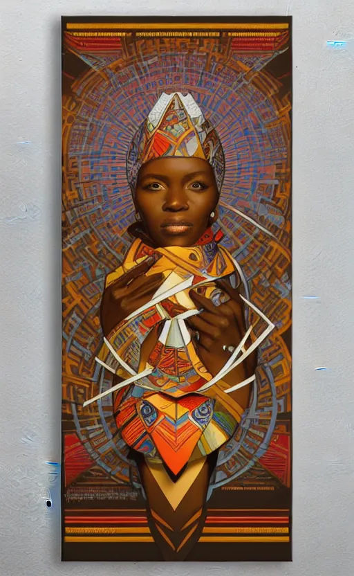 Image similar to a retro futuristic african tribal chief, art by joseph christian leyendecker, design blocking by alphonso mucha, poster design by drew struzan, highly detailed, digital painting, concept art, smooth sharp focus, intricate, symmetry,