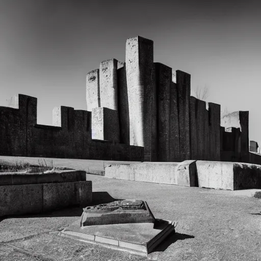 Image similar to scifi brutalist monumental castle, behemoth standing on a hill, with brutalist statues, photography