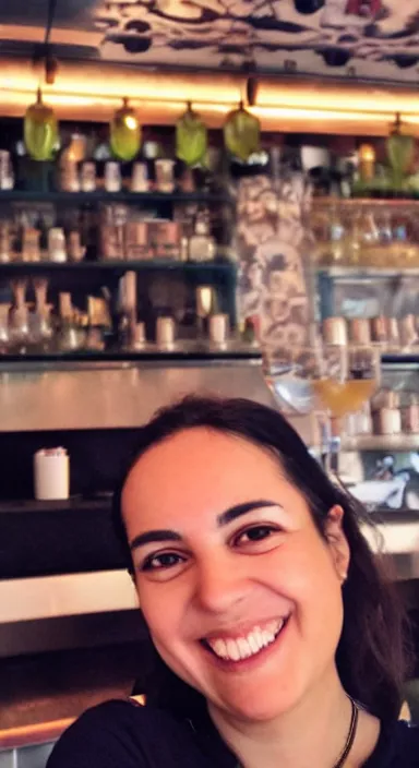 Image similar to Sappho smiling in a selfie at a new restaurant, iPhone photo