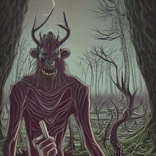 Image similar to a centered chest up portrait of a psychedelic demonic anthropomorphic wendigo smoking a hand - rolled cigarette smoking heavily, magic mushroom village in background. award winning. superb resolution. in the art style of junji ito and greg rutkowski. detailed mushroom city in background. hyper realistic anime. perfect art. dalle 2