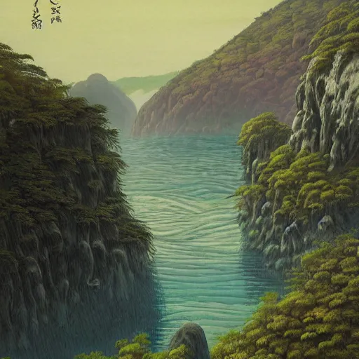 Image similar to detailed painting of a lush natural scene on an alien planet by tojiro oshita. beautiful landscape. weird vegetation. cliffs and water.