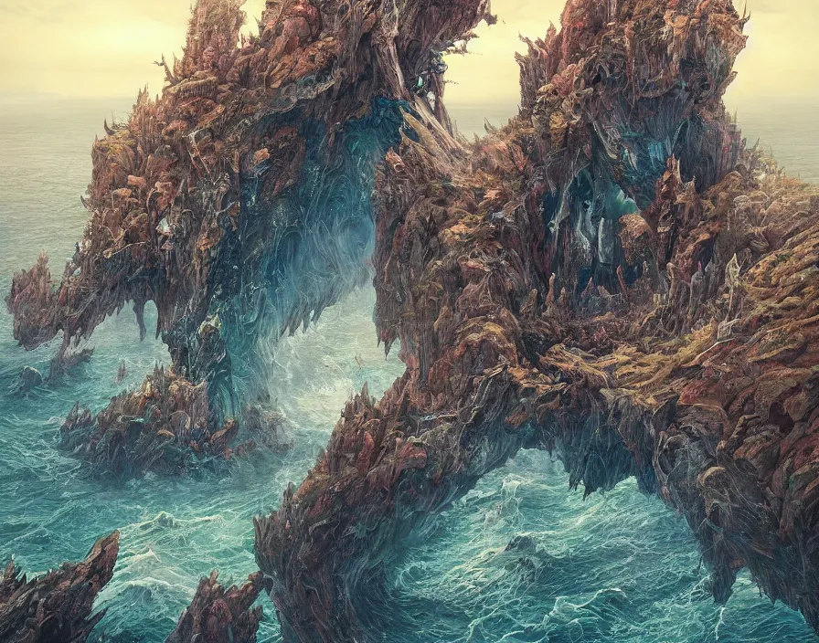 Prompt: fantasy painting of a monster skull on the edge of a cliff overseeing a vast ocean, complex, detailed, intricate abstract. delicate artwork. by Tooth Wu, wlop, beeple, dan mumford. octane render, trending on artstation, greg rutkowski very coherent symmetrical artwork. cinematic, hyper realism, high detail, octane render, 8k, depth of field, bokeh. chrome accents.