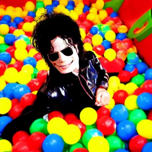 Prompt: photo of Michael Jackson wearing sunglasses in mcdonalds ball pit-n 4