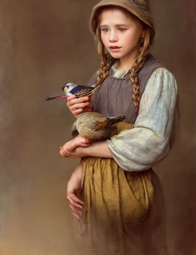 Prompt: portrait of little peasant girl holding bird in her hands, cottage core, cinematic focus, polaroid photo bleached vintage pastel colors high - key lighting, soft lights, foggy, by steve hanks, by lisa yuskavage, by serov valentin, by tarkovsky, 8 k render, detailed, oil on canvas