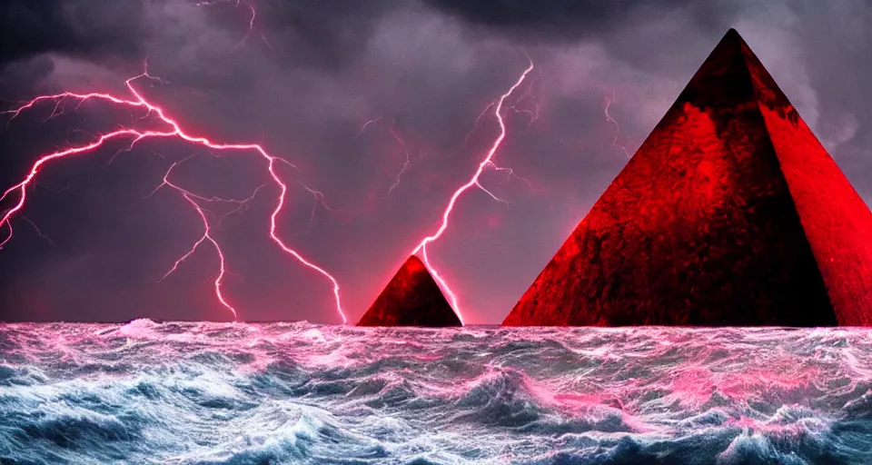 Prompt: photo of black lovecraftian eldritch!! obsidian pyramid!! on a snowy island surrounded by raging stormy seas, with a large shadow of a creature in the background, night, red lightning!!, storm!, dramatic lighting, photo realistic, 8 k