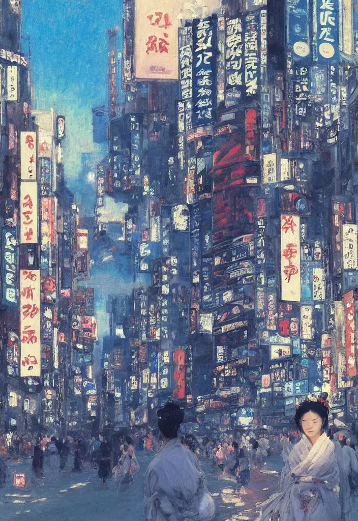 Image similar to geisha in front of shibuya. cyberpunk. beautiful blue sky. gorgeous epic nature, lofi, vivid colors, amazing light, by jeremy lipkin, by claude monet, heavily inspired by makoto shinkai, inspired by ghibli, masterpiece, multiple brush strokes, impressionist style