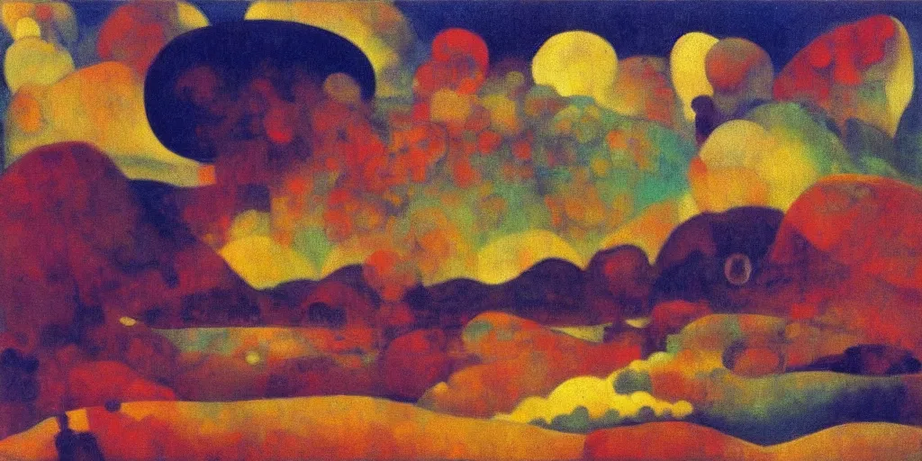 Image similar to An insane, modernist landscape painting. Wild energy patterns rippling in all directions. Curves, organic, zig-zags. Mountains, clouds. Rushing water. Waves. Psychedelic dream world. Odilon Redon. Tarsila do Amaral.