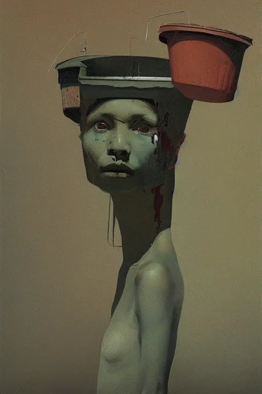 Image similar to a woman wearing a trash bin through her head to catch a trash Edward Hopper and James Gilleard, Zdzislaw Beksinski highly detailed