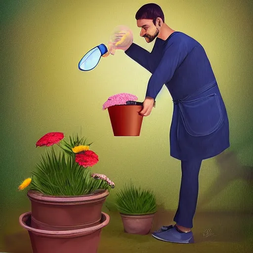 Image similar to man pouring water on head, flowers are in a pot on his head, the pot is part of his head, high detail, 8K digital art