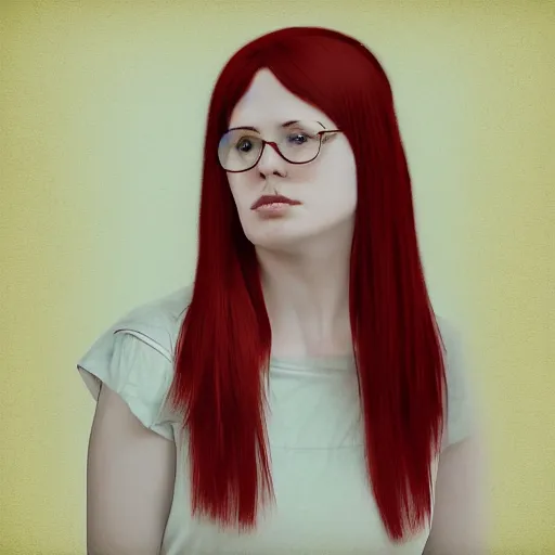 Image similar to red haired girl surrounded by old people, digital art