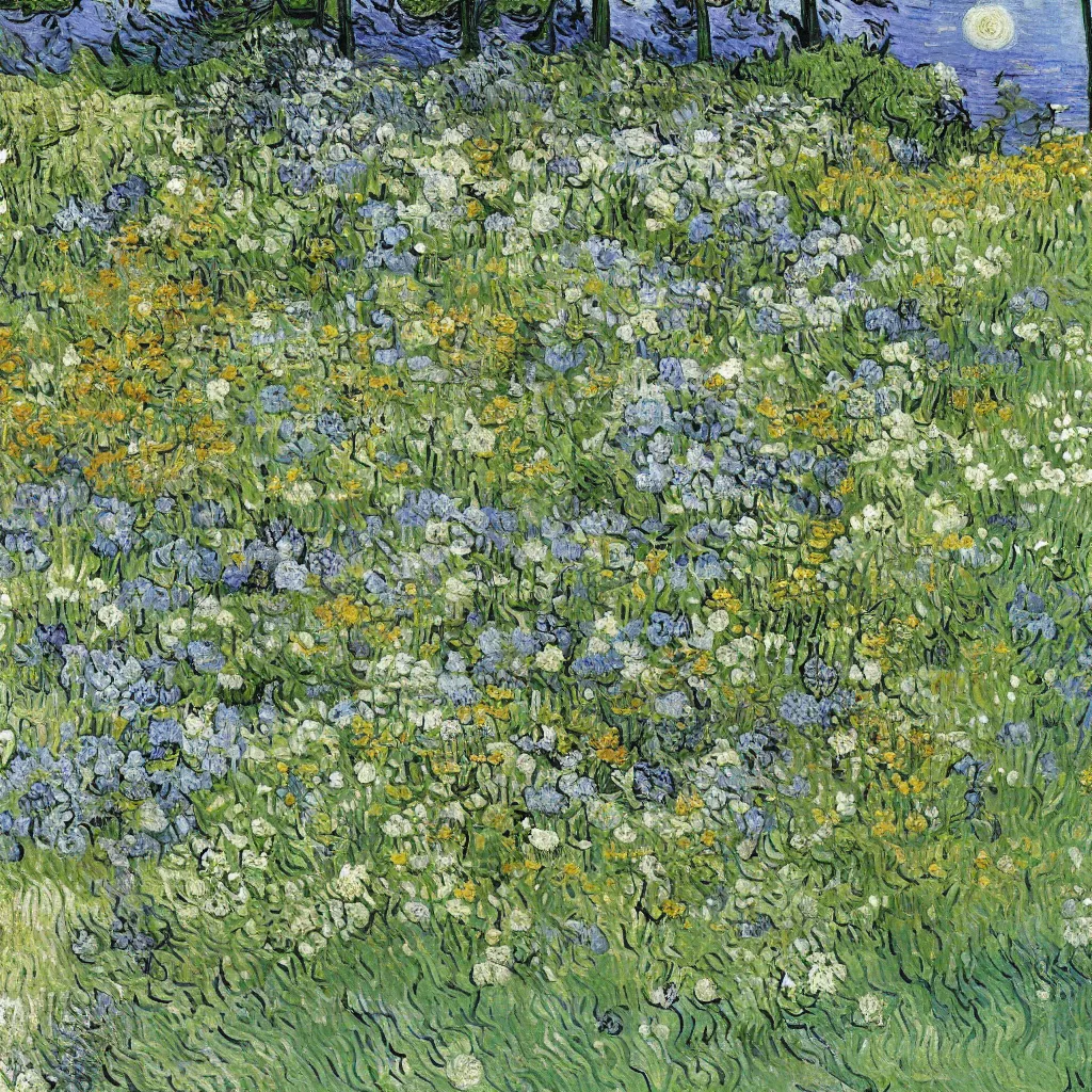 Prompt: a gorgeous garden on the edge of a cliff filled with beautiful flowers in different shades of pale green, van gogh
