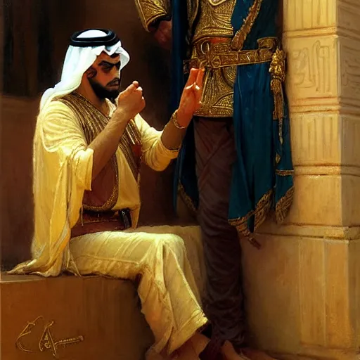 Image similar to attractive arab king confesses his love for his attractive male prince. highly detailed painting by gaston bussiere, craig mullins, j. c. leyendecker