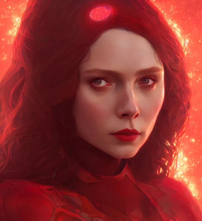 Image similar to Scarlet Witch, portrait, full body, hyper detailed, digital art, trending in artstation, cinematic lighting, studio quality, smooth render, unreal engine 5 rendered, octane rendered, art style by klimt and nixeu and ian sprigger and wlop and krenz cushart