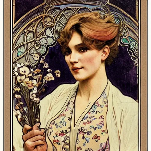 Image similar to blonde danish sports woman portrait by louis - theophile hingre and alphonse mucha, realistic, sharp focus, art nouveau, smart, wisdom, power, football, strong