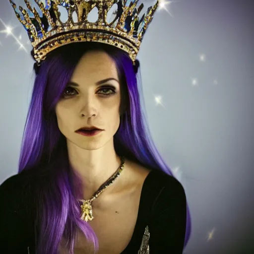 Prompt: A photo of a skinny evil princess woman with light-purple hair wearing a diamond crown, sitting in a throne in a dark room. Low light