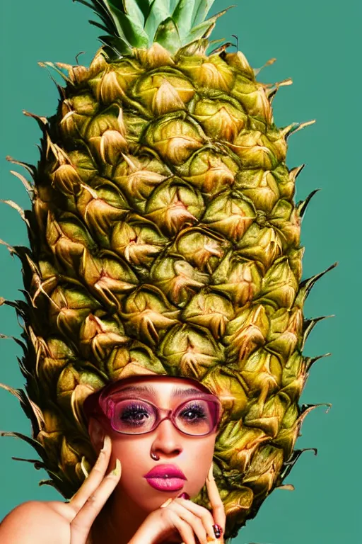 Prompt: doja cat as a dole pineapple, human face in the shape of a pineapple, professional food photography, dole pineapple