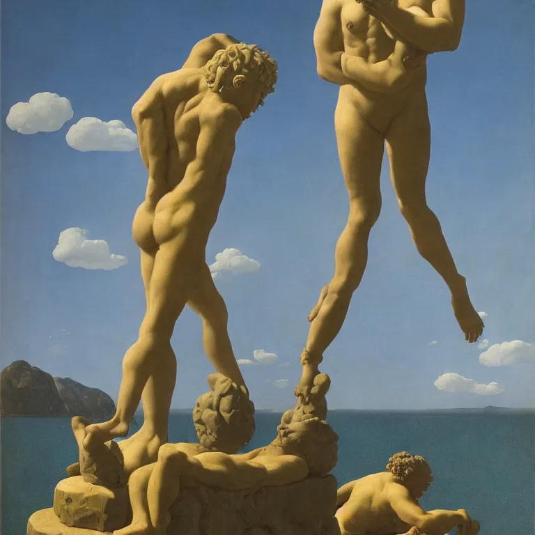 Prompt: A Monumental Public Sculpture of a 'Triumphant Hercules made of Sea Anemone' on a pedestal by the lake, surreal oil painting by Rene Magritte and Maxfield Parrish and Max Ernst shocking detail hyperrealistic!! Cinematic lighting