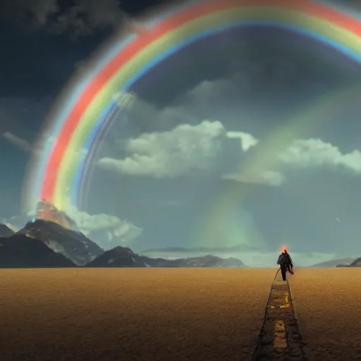 Image similar to Rainbow Road, the image is like beautiful dream, 4k post-processing highly detailed, art station, unreal engine + cinematography by Wes Anderson, Wide angle shot, futuristic, volumetric light, Fuji film, intricate detail, hyperreal, hyperrealistic, 4K, Octane render, unreal engine cinematic, sublime atmosphere,