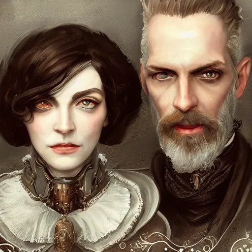 Image similar to portrait painting iris von everec and olgierd von everec, clockwork, steampunk, artstation, detailed