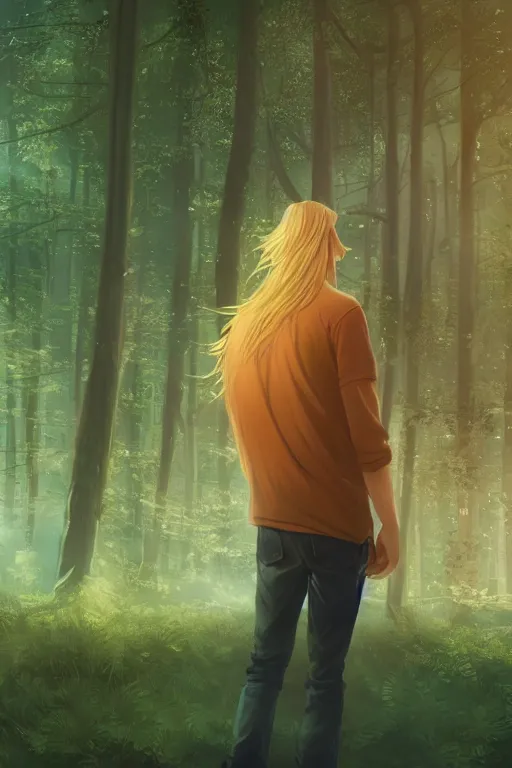 Image similar to pretty young man with long golden blond hair made of gold, demure, slender, back view, lost, trees, detailed forest background, webtoon, breathtaking scenery, colourful, 8 k, graphic novel, digital art trending on artstation, volumetric lighting, octane render, cinematic, hyper detailed, magical atmosphere, magical forest, ghibli