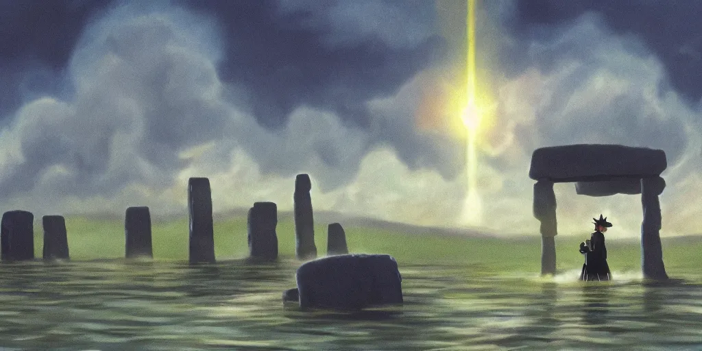 Prompt: a realistic cell - shaded concept art from howl's moving castle ( 2 0 0 4 ) of a multi - colored cube from close encounters of the third kind ( 1 9 7 7 ) over a flooded stonehenge. it is a misty starry night. very dull colors, hd, 4 k, hq