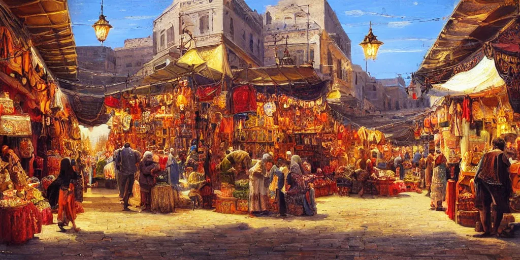 Image similar to Highly detailed romantic period oil painting of a Middle Eastern bazaar, strong atmosphere, oil painting masterpiece by Josep Tapiró Baró, symmetry, fractals