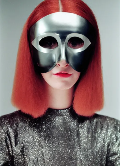 Image similar to a fashion portrait photograph of a woman wearing a metal mask designed by balenciaga, 3 5 mm, color film camera,