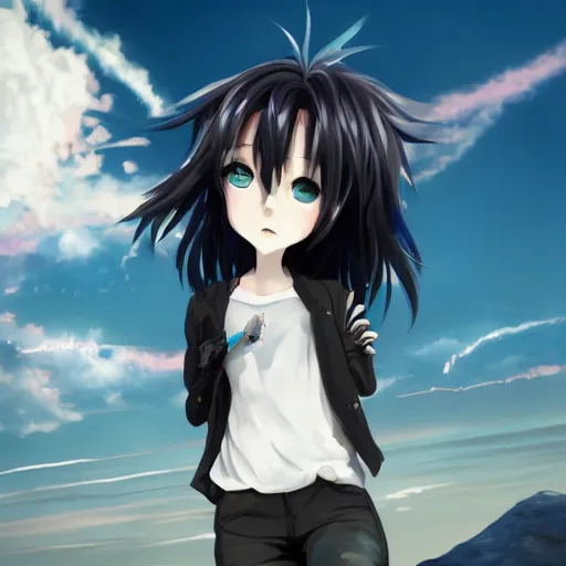 Image similar to 1 7 - year - old pale - skinned anime girl with black long bob cut, long bangs, black gothic jacket, black jeans, flying through sky, jumping through clouds, late evening, blue hour, cirrus clouds, pearly sky, ultra - realistic, sharp details, subsurface scattering, blue sunshine, intricate details, hd anime, 2 0 1 9 anime