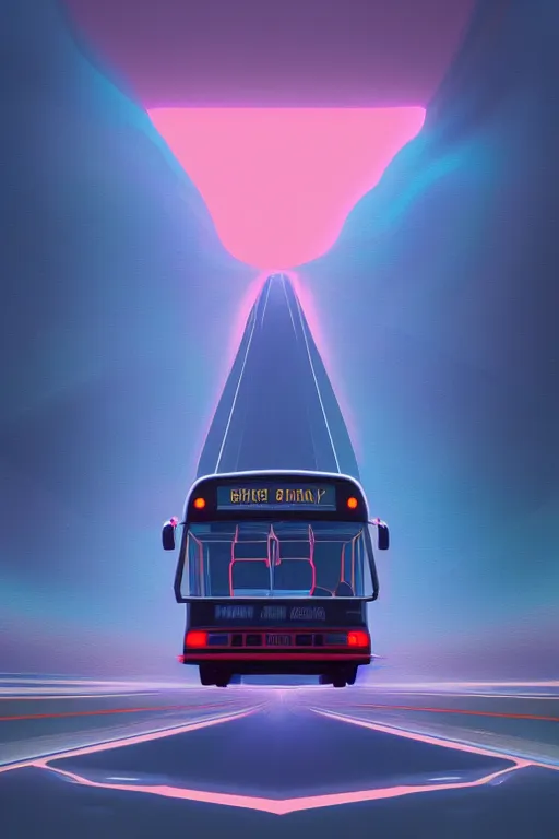 Prompt: bus driving on the lost highway to infinity. Digital painting. Beeple. Noah Bradley. Cyril Roland.