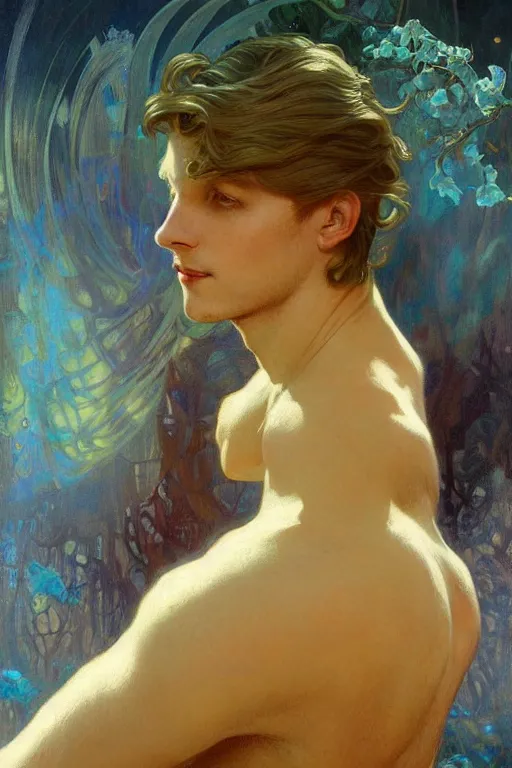 Image similar to young male magician, golden hair, 1920, fantasy, intricate, highly detailed, digital painting, artstation, concept art, smooth, sharp focus, art by Artem Demura and Alphonse Mucha, ArtGerm, Valentina Remenar, Gaston Bussiere, Cedric Peyravernay